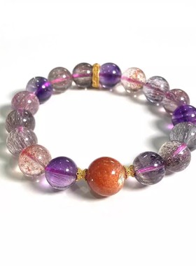 安伯曼18K金小蛮腰花隔片金太阳黑加仑超七手串10-11mm