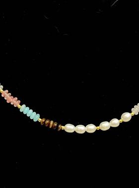 虎眼石蓝玉髓西瓜晶白玉车轮片淡水珍珠925银设计款多宝项链