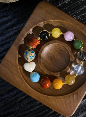 大漆珠牙牙胖爱心海纹石南红海蓝宝碧玉紫锂辉18K金多宝手串11mm+