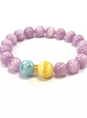 安伯曼俄料蜜蜡海纹石18K金小雏菊花圈圈猫眼紫锂辉手串9mm+