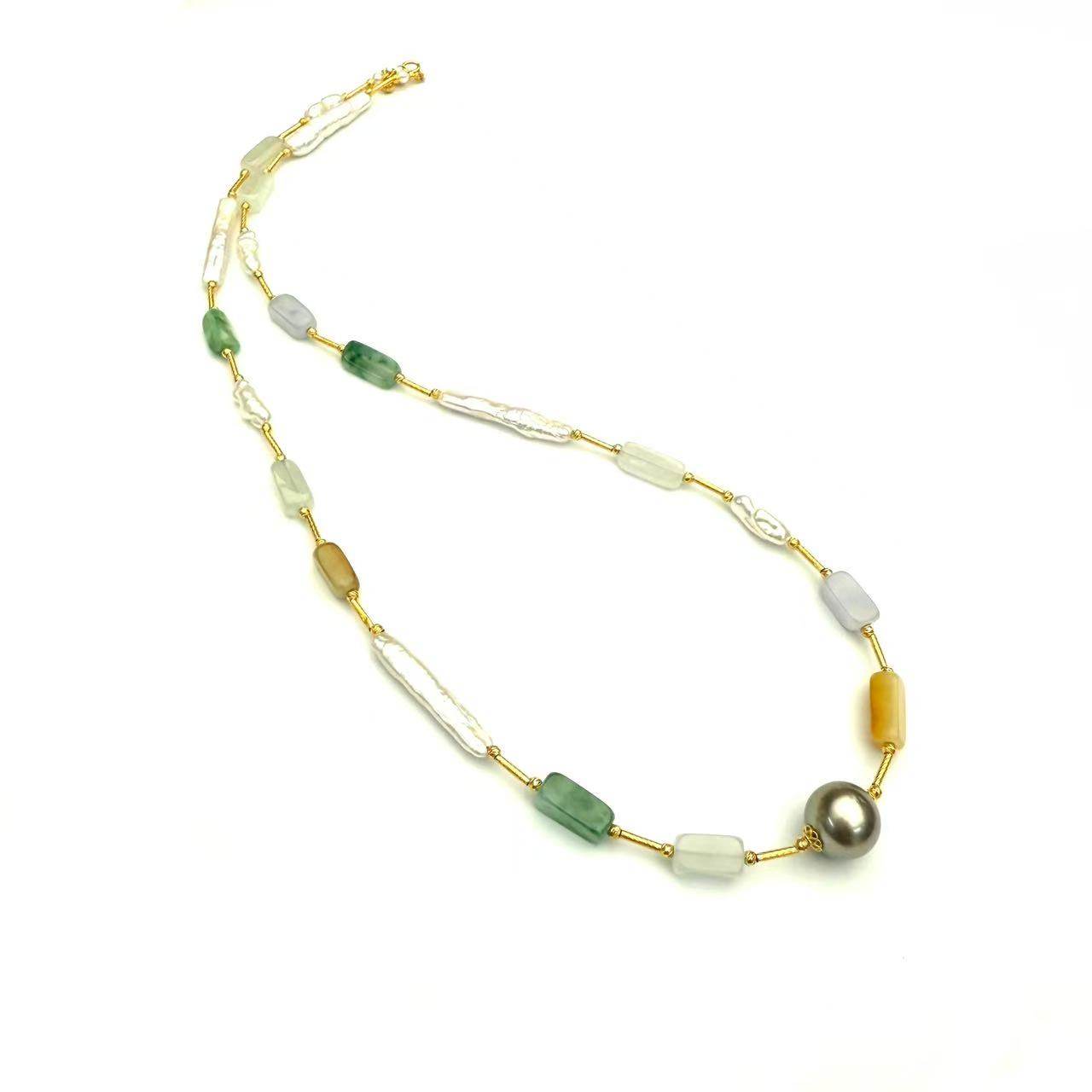 大溪地黑珍珠18K金长条巴洛克长条珍珠翡翠多宝桶珠满天星项链,淘宝优惠券,粉丝福利购,淘宝优惠卷