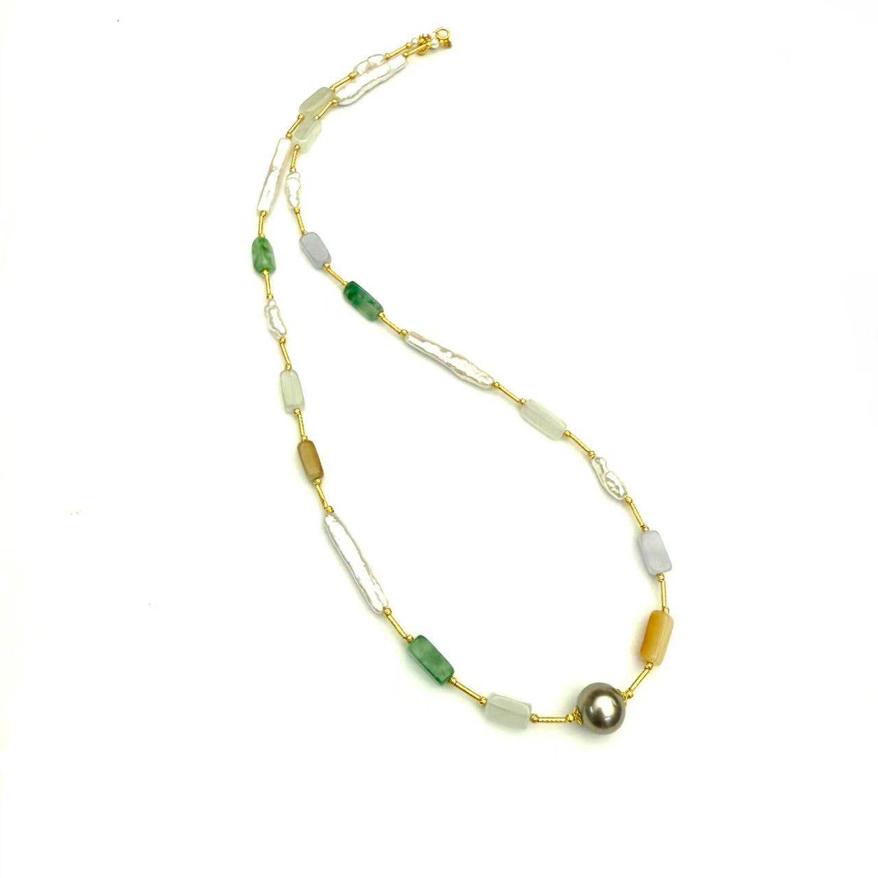 大溪地黑珍珠18K金长条巴洛克长条珍珠翡翠多宝桶珠满天星项链,淘宝优惠券,粉丝福利购,淘宝优惠卷