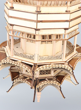 新中式创意古建筑八角凉亭倒影镜像吊挂客厅软装饰品电视酒柜摆件