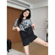 Zhang Axing American street style summer patchwork printed-sleeved + ຊຸດແມ່ຍິງຮ້ອນທີ່ຫລາກຫລາຍເຊັ່ນຊຸດ culottes A-line