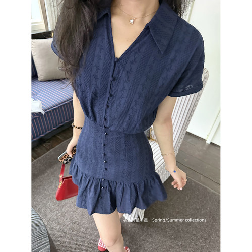 张阿星【蓝调笔记】藏青色miu系立体提花少女感减龄法式连衣裙 - 图3