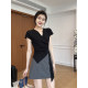 Zhang Azing ພາກໃຕ້ຂອງຝຣັ່ງແບບ Royal Sister style ຄໍ V-bias-ຕັດເສື້ອທີເຊີດສັ້ນ + ຊຸດກະໂປງສີຂີ້ເຖົ່າສໍາລັບແມ່ຍິງ summer