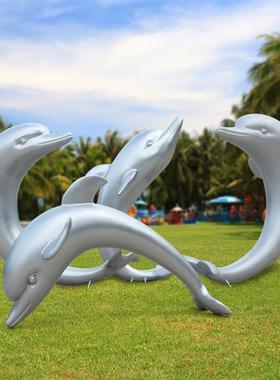 仿不锈钢海豚户外玻璃钢海洋动物雕塑园林景观公园草坪树脂工艺品