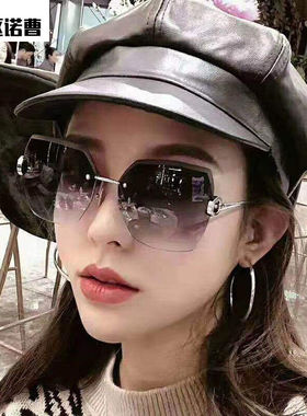 大框墨镜女韩版潮无框水晶切边太阳眼镜女士镶钻太阳镜圆脸大脸显