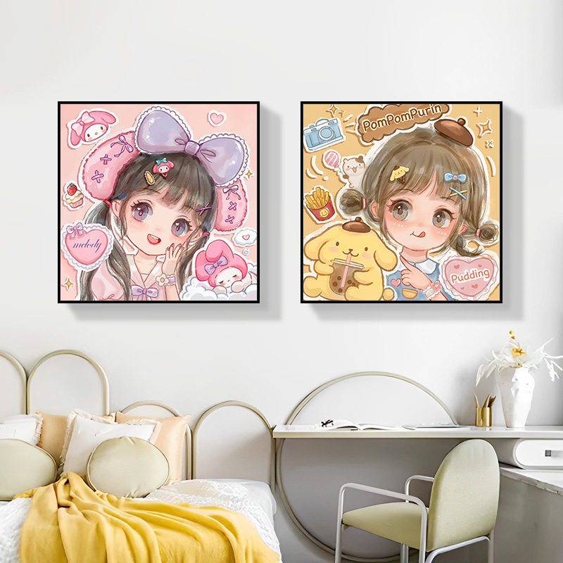 三麗鷗女孩數字油畫diy手工填色卡通送閨蜜禮物兒童房丙烯裝飾畫_左倫畫藝旗艦店_家居飾品