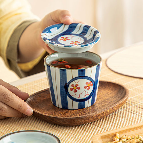 主人杯青花瓷日式陶瓷茶杯带盖茶碗复古咖啡杯喝茶小杯子猪口杯 - 图1