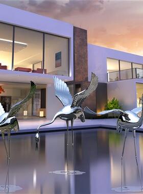 户外网红不锈钢仙鹤兔子雕塑园林景观城市广场水池酒店售楼部摆件