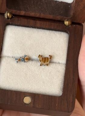 无耳洞耳夹甜酷风棕色系可爱小猫鱼干耳钉复古韩系小众不对称耳饰