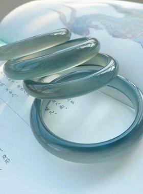 琼玉轩天然玛瑙手镯女款库里蓝冰种冰透玉镯高冰蓝色玉髓非翡翠