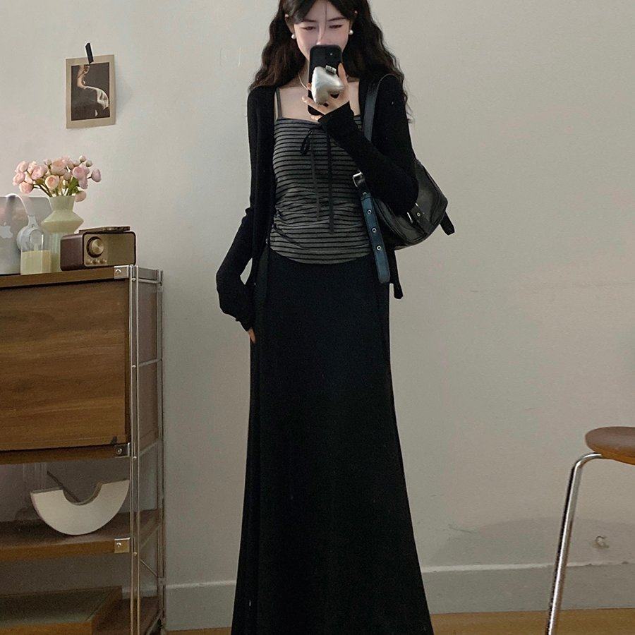 实拍~大码女装“奥利奥千层”微胖mm松弛感条纹吊带开衫半裙套装,淘宝优惠券,粉丝福利购,淘宝优惠卷