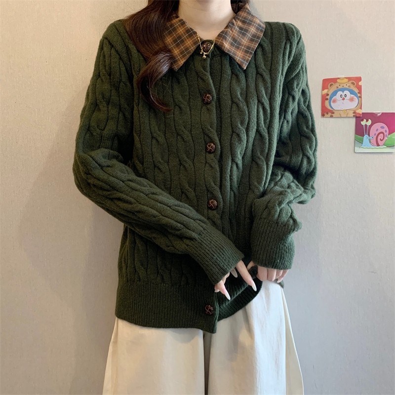 实拍～大码胖MM榄绿拼格子针织毛衣开衫冬季款新款巨好看翻领外套,淘宝优惠券,粉丝福利购,淘宝优惠卷