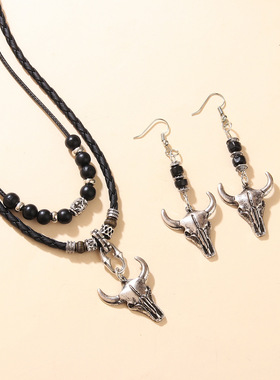 女士复古牛仔风项链耳坠套装