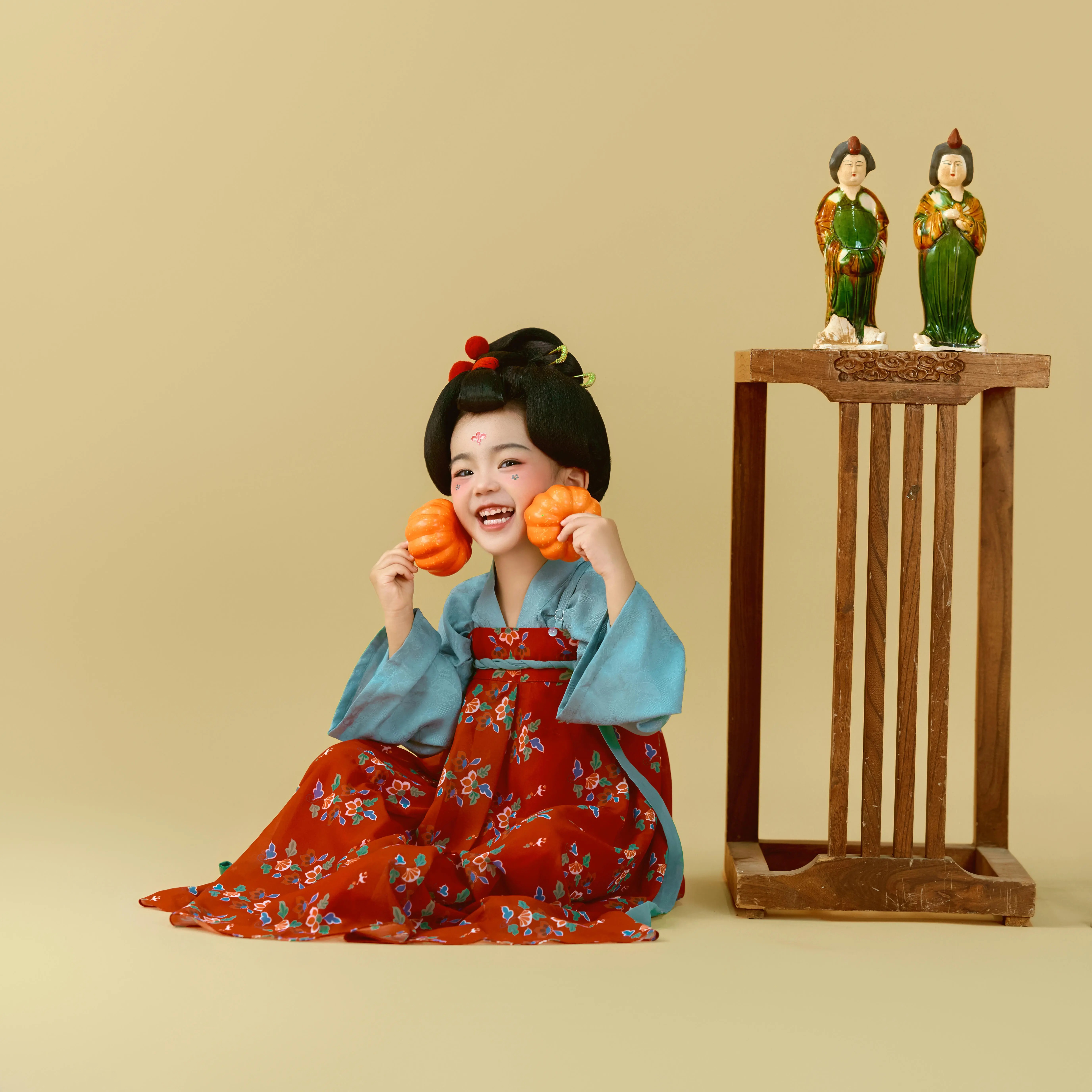 女童汉服蓝衣红裙子儿童唐制齐胸襦裙古风连衣裙唐佣网红复原风 - 图1