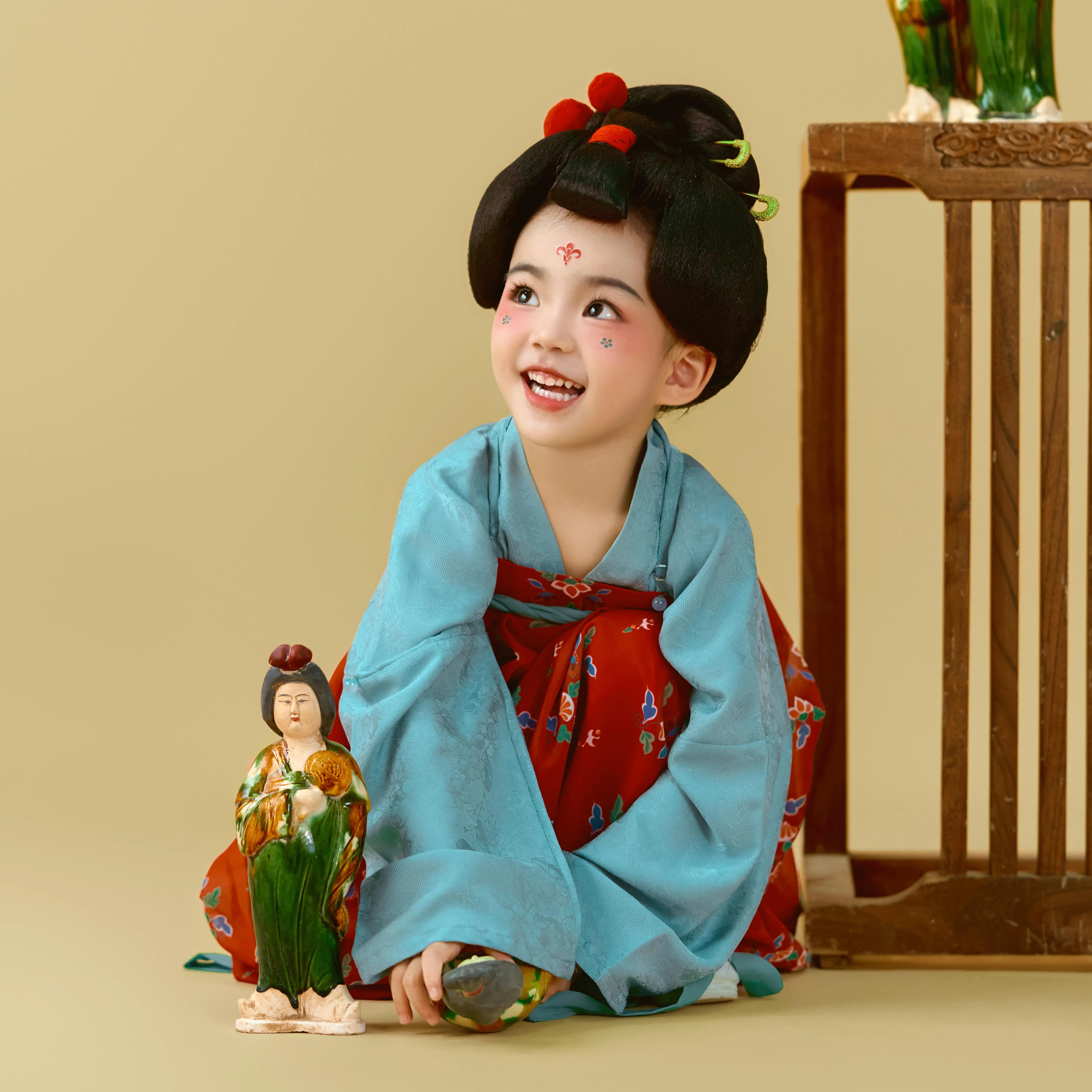 女童汉服蓝衣红裙子儿童唐制齐胸襦裙古风连衣裙唐佣网红复原风 - 图3