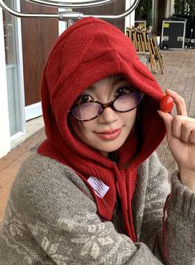 秋冬新款巴拉克拉法帽纽扣抽绳护耳帽子韩国针织大麻花围脖一体帽