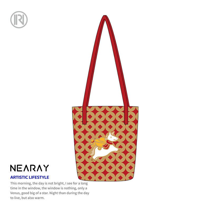 尼睿新款红色单肩包马年定制logo印花帆布包企业年会礼品水桶包W,淘宝优惠券,粉丝福利购,淘宝优惠卷