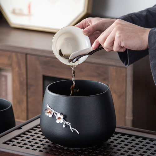 远舍茶渣缸大号茶洗带盖黑陶水盂杯洗家用茶盆洗茶碗功夫茶具配件 - 图1