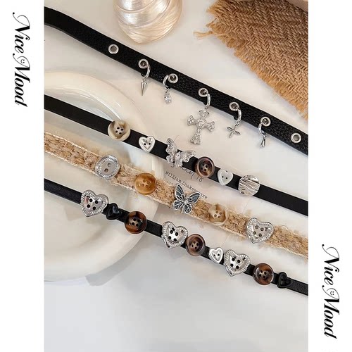 NiceMood 蝴蝶爱心纽扣项链项圈甜酷choker辣妹颈链y2k爱心网红风 - 图2