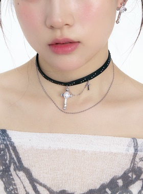 朋克星芒十字架项链叠戴酷锁骨链