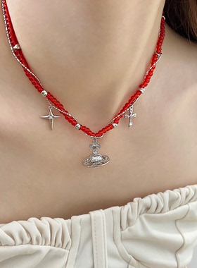 NiceMood四芒星土星项链红色串珠