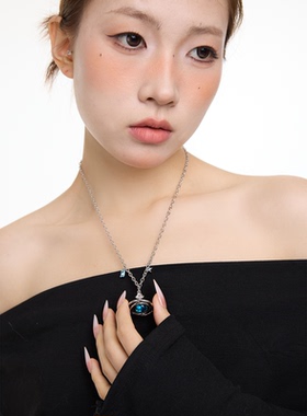 蓝色土星星球项链毛衣链