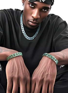 翡翠豆绿古巴链嘻哈手链项链