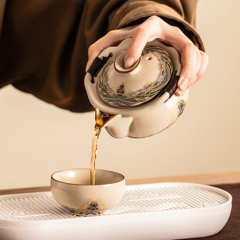Ru kiln hand-held pot travel tea set portable outdoor camping ceramic teapot Kung Fu small tea cup