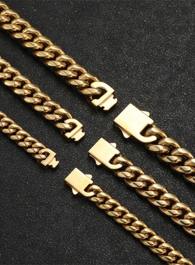 钛钢18k金圆磨加密古巴链男士项链 欧美嘻哈弹簧扣迈阿密项链配饰