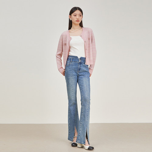 SOMSOM索玛2025春装新款微喇牛仔裤女休闲百搭前开叉高腰显瘦百搭 - 图3