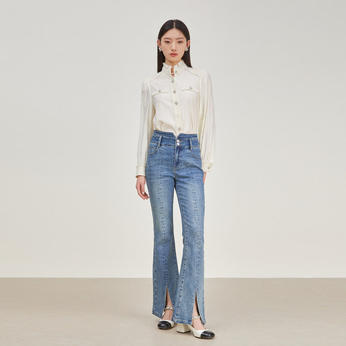 SOMSOM索玛2025春装新款微喇牛仔裤女休闲百搭前开叉高腰显瘦百搭 - 图0