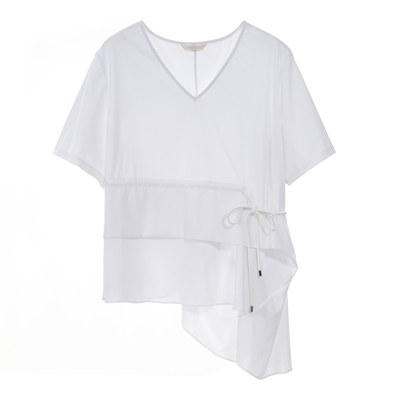 SOMSOM/索玛不规则抽绳短袖T恤女夏季设计感小众收腰v领半袖上衣-图3
