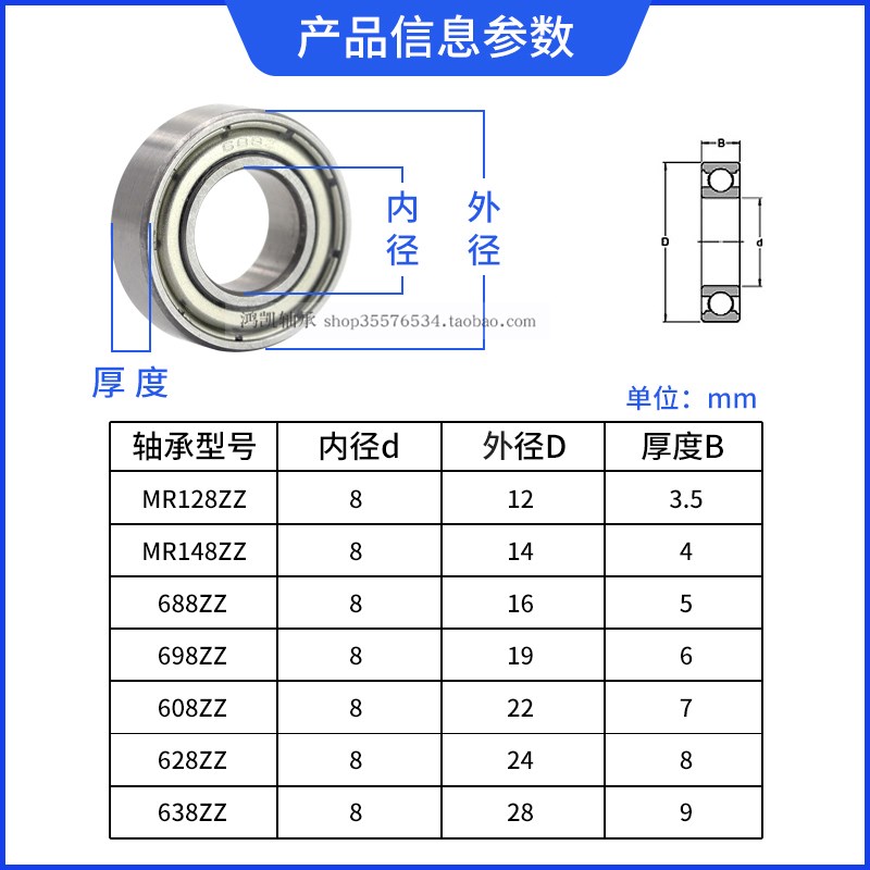 微型小轴承628 MR128 MR148 688 698 608 638 Z ZZ RS内径8mm - 图2