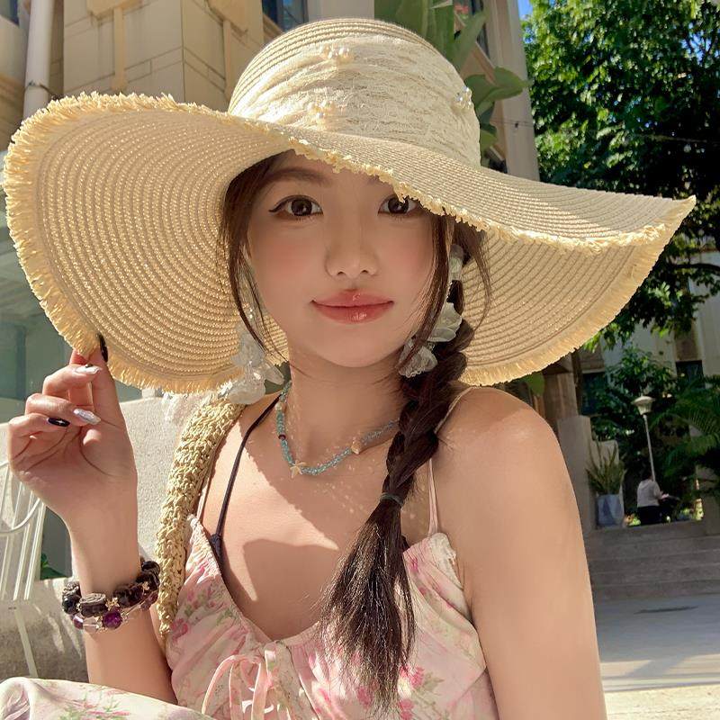 蕾丝蝴蝶结大帽檐沙滩草帽女2025年春新款海边遮阳防晒太阳帽子潮,淘宝优惠券,粉丝福利购,淘宝优惠卷