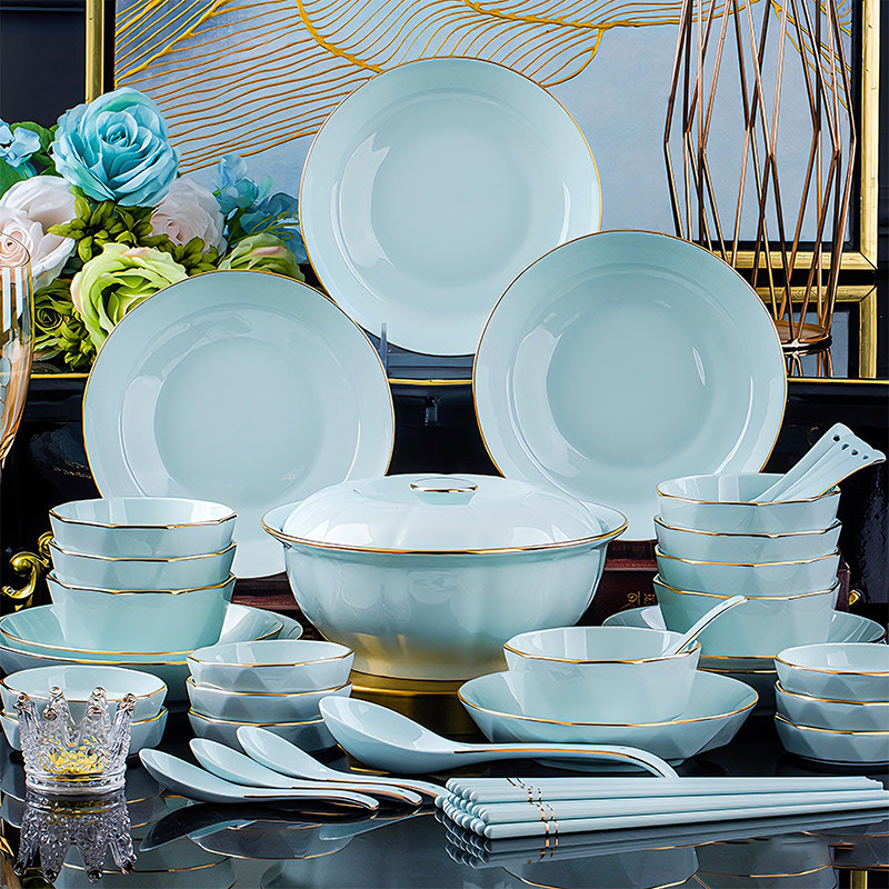 碗碟套装家用2026新款高颜值釉下彩餐具景德镇陶瓷轻奢碗盘筷乔迁