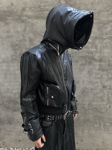 LE LOSANGE  LEATHER PLISSE HOOD JACKET褶皱连帽皮夹克 - 图0