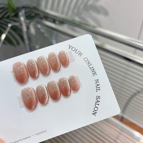 法式渐变猫眼纯手工穿戴甲裸色显白成品美甲贴片可拆卸假指甲贴 - 图0