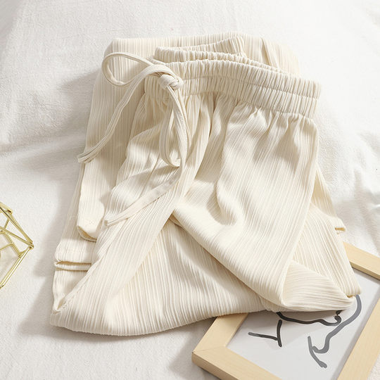 145小个子冰丝坑条阔腿裤子女夏季150穿搭直筒垂感九分休闲裤xs码