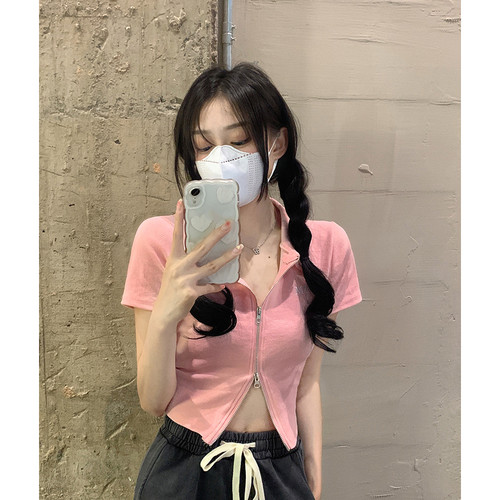 纯欲风辣妹灰色polo领短款T恤女2026夏设计感双拉链短袖上衣ins潮 - 图2
