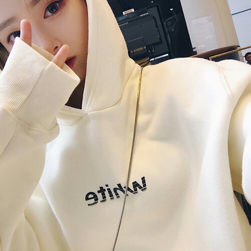 卫衣女2026年新款宽松韩版秋冬装加绒加厚白色连帽春秋薄款外套潮 - 图1