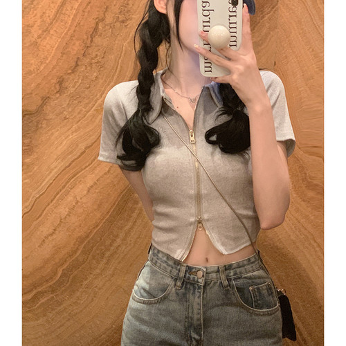 纯欲风辣妹灰色polo领短款T恤女2026夏设计感双拉链短袖上衣ins潮 - 图1