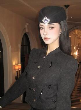 财阀千金~方钻平顶小礼帽法式黑色高级感贝雷帽名媛优雅时尚配饰