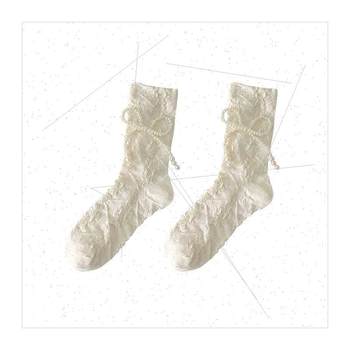 Whe socks female cute pearl bow socks mid-calf socks fall ne