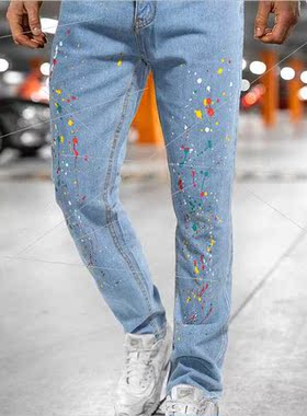 Men jeans 2021 spring new casual printing washed old holes S