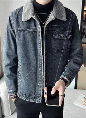 Fall winter fur collar jacket men American retro denim blue