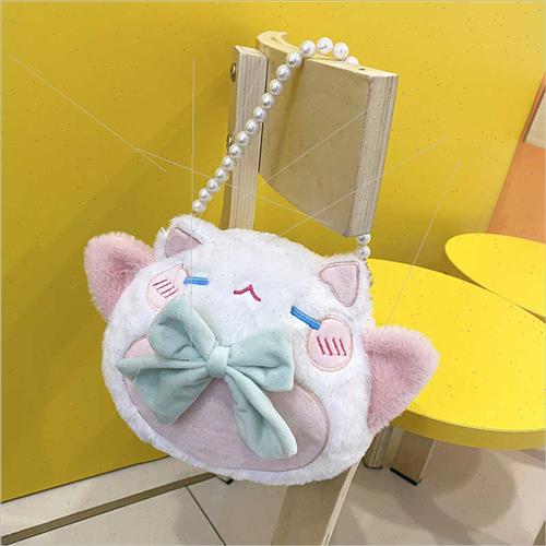 Soft cute cute cat shoulder bag bow pearl chain satchel beck-图0