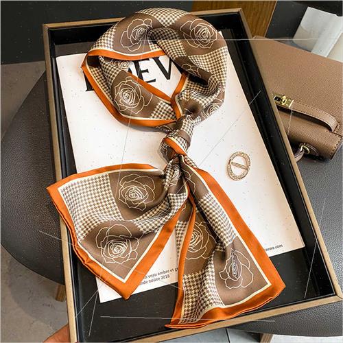 Vintage camellia long small silk scarf women spring fall new - 图0